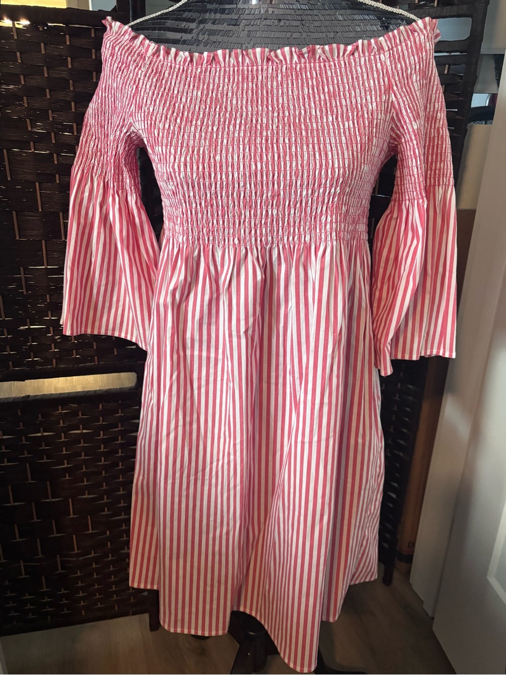 NEW Michael Kors Red and White Striped Off-Shoulder Smocked Dress | Size Small